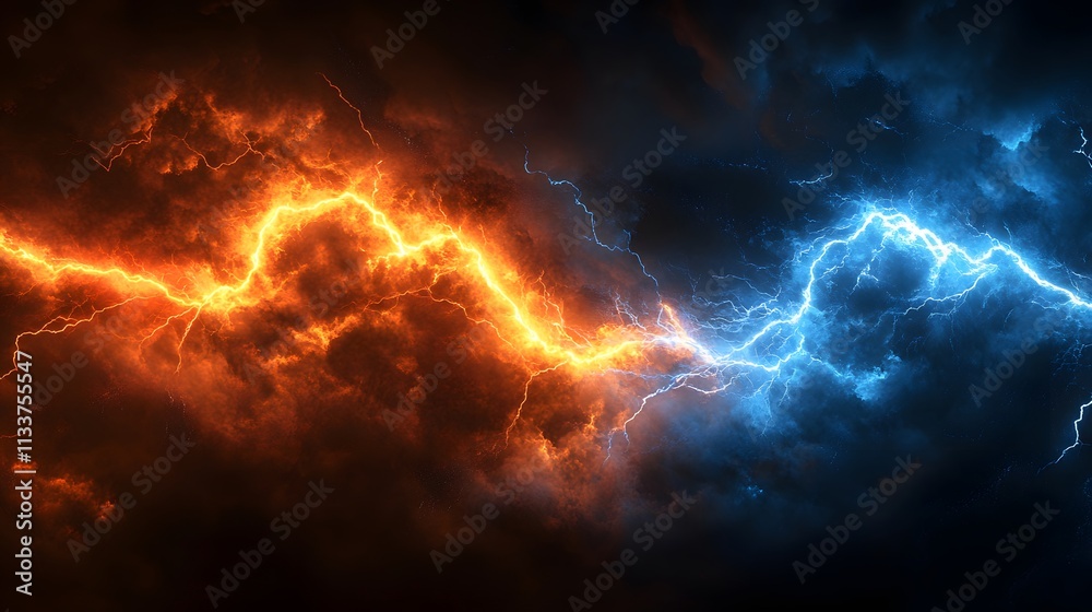 Fiery Orange and Electric Blue Lightning Clash in Dark Clouds Fiery Orange and Electric Blue Lightning Clash in Dark Clouds