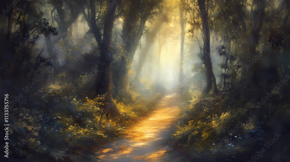 A narrow, misty path leads through a dense thicket of redwoods, sunlight filtering through the canopy above , shadows, sunlight. Thicket. Illustration A narrow, misty path leads through a dense thicket of redwoods, sunlight filtering through the canopy above , shadows, sunlight. Thicket. Illustration