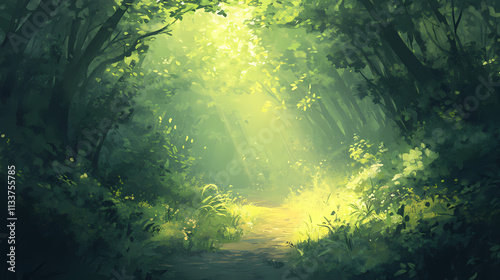 A narrow, misty path leads through a dense thicket of redwoods, sunlight filtering through the canopy above , shadows, sunlight. Thicket. Illustration photo