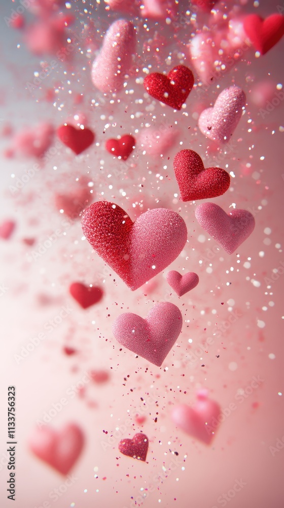 Obraz premium Delicate pink and red hearts arranged in a swirling pattern on a gradient background, creating a whimsical Valentine's Day ambianc