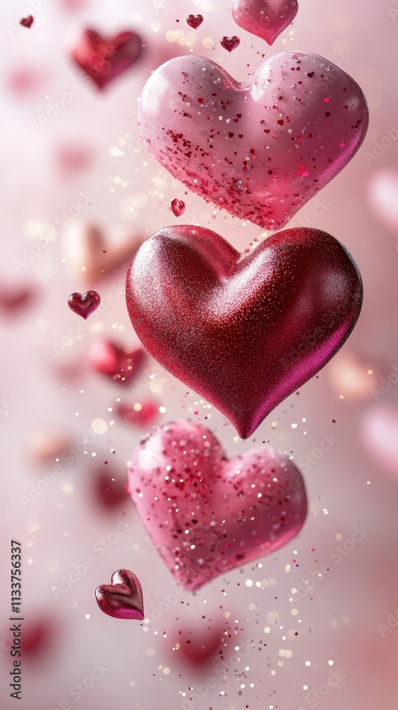 Obraz premium Floating pink and red hearts of various sizes on a light pink background, with a subtle sparkle effect for a magical Valentine Day fee