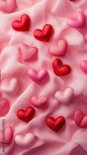 Floating pink and red hearts of various sizes on a light pink background, with a subtle sparkle effect for a magical Valentine Day fee