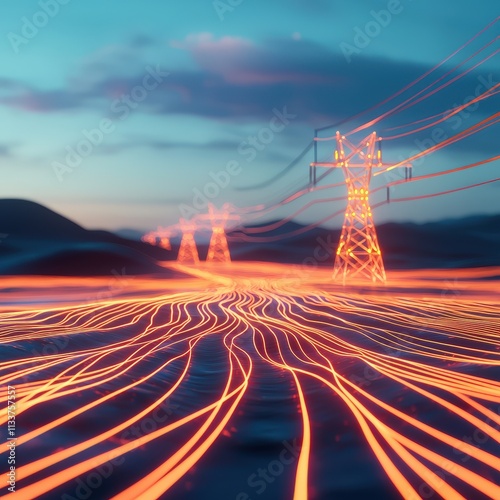 A glowing power grid overlaid on a mountain range during sunrise. photo