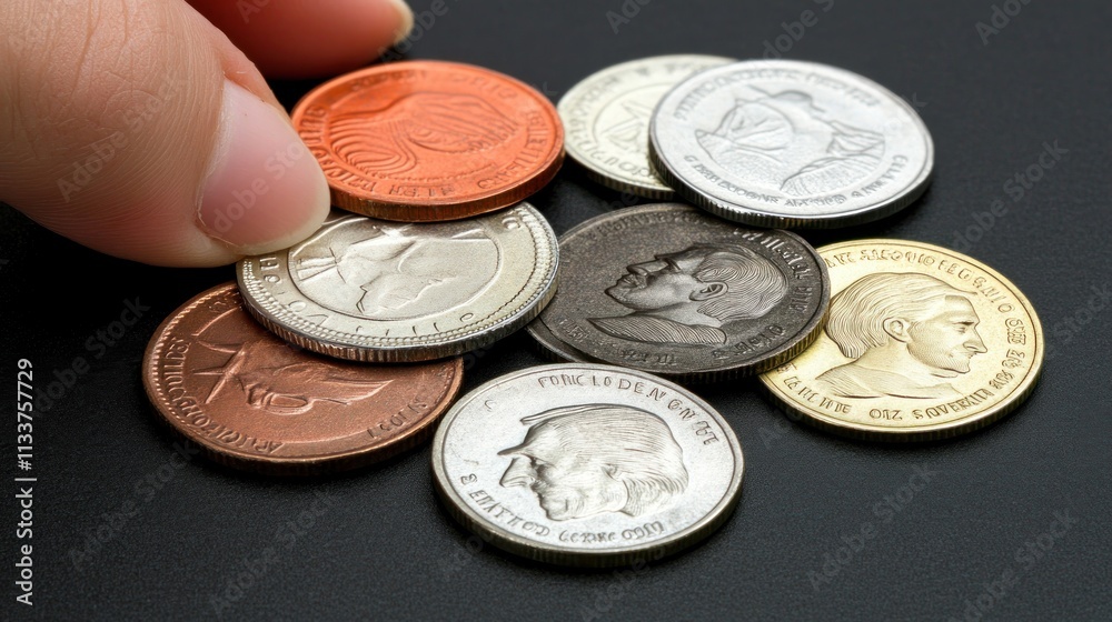 Fototapeta premium Close-up of a hand picking up a pile of various coins on a dark surface.