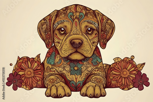 Ornate Puppy Illustration, A Decorative Canine Amidst Floral Designs photo