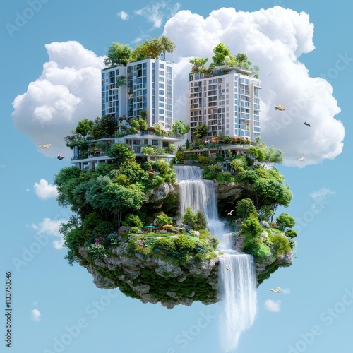Modern Floating Buildings Surrounded by Lush Greenery and Waterfall