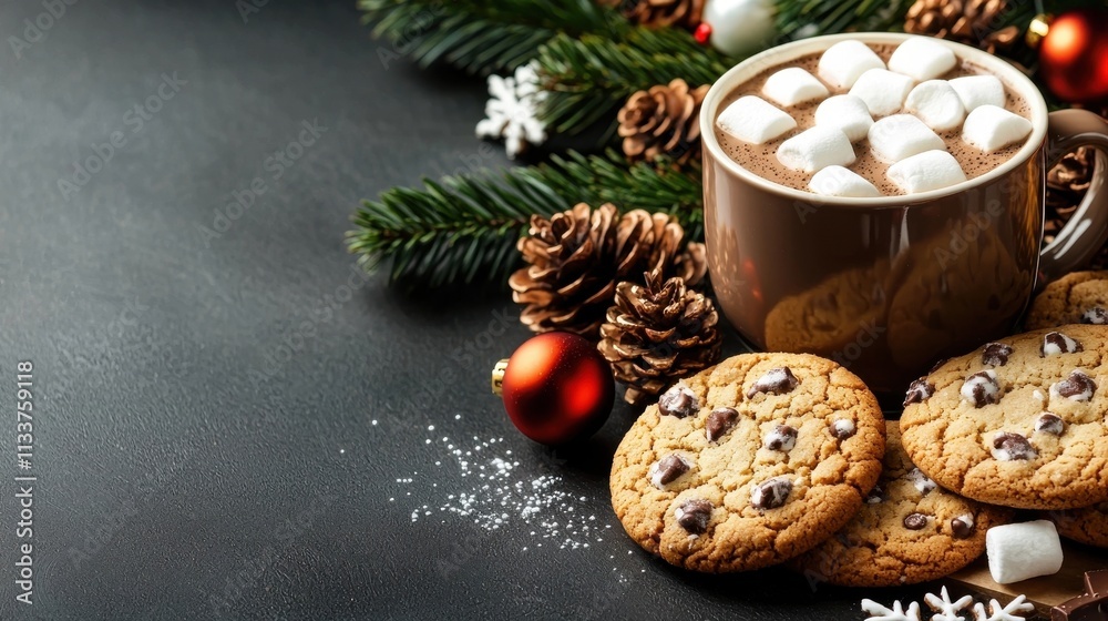 Cozy and inviting scene with a mug of hot chocolate marshmallows freshly baked cookies and holiday like pine cones and ornaments on a rustic wooden table Cozy and inviting scene with a mug of hot chocolate marshmallows freshly baked cookies and holiday like pine cones and ornaments on a rustic wooden table