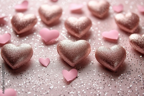 Rose Gold Glitter Hearts on Pink Background