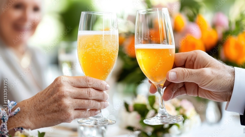 Two Hands Toasting Champagne Flutes at Celebratory Gathering of Friends or Colleagues Enjoying Drinks and Celebrating a Special Occasion or Holiday Two Hands Toasting Champagne Flutes at Celebratory Gathering of Friends or Colleagues Enjoying Drinks and Celebrating a Special Occasion or Holiday
