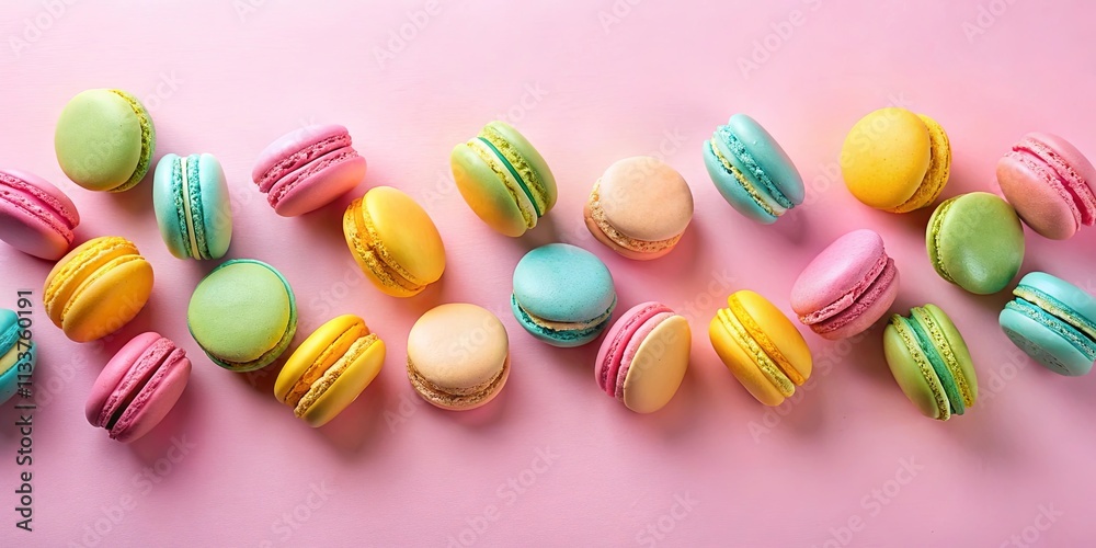 Pastel-colored macarons scattered on a pink background, a delightful sweet treat Pastel-colored macarons scattered on a pink background, a delightful sweet treat