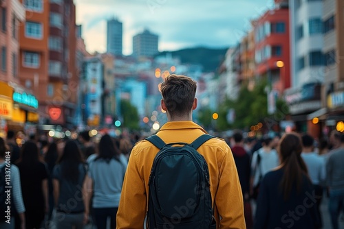 Man with Backpack Walking Through City Crowd at Dusk