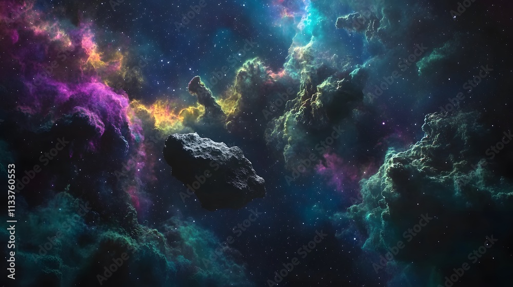 Asteroid Traveling Through A Colorful Nebula In Space Asteroid Traveling Through A Colorful Nebula In Space