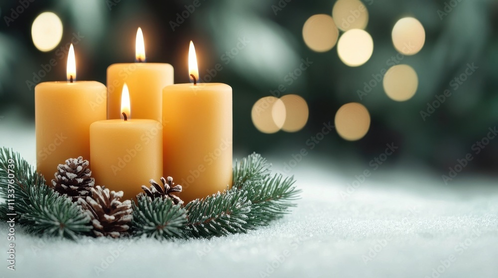 Cozy and Elegant Festive Candle Arrangement with Glowing Flames Pinecones and Lush Fir Branches in a Winter Forest Backdrop Warm Calm and Romantic Holiday Atmosphere Cozy and Elegant Festive Candle Arrangement with Glowing Flames Pinecones and Lush Fir Branches in a Winter Forest Backdrop Warm Calm and Romantic Holiday Atmosphere