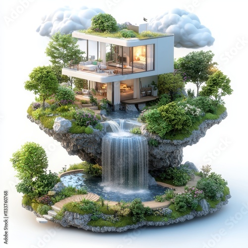 Modern Floating House Surrounded by Nature and Waterfalls