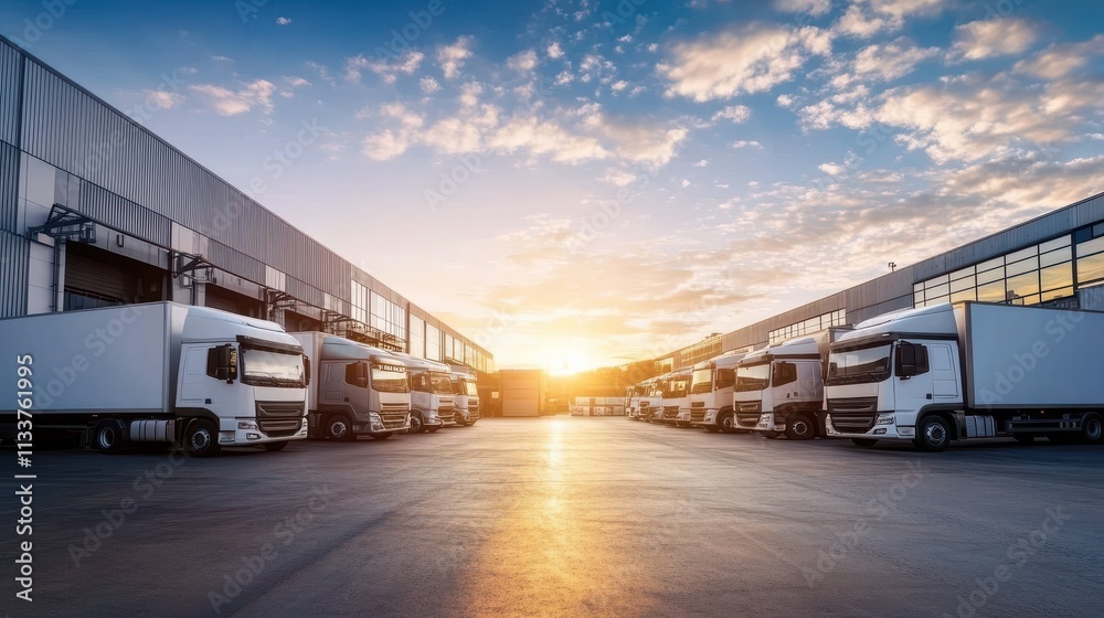 Trucks arranged neatly outside of a warehouse building. Trucks arranged neatly outside of a warehouse building.