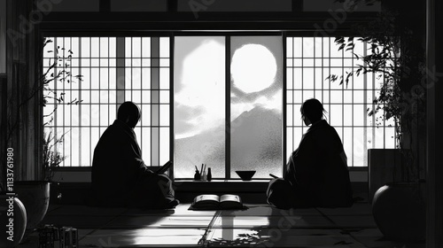 Japanese Manga interior with two ninjas sitting infront of the windows photo