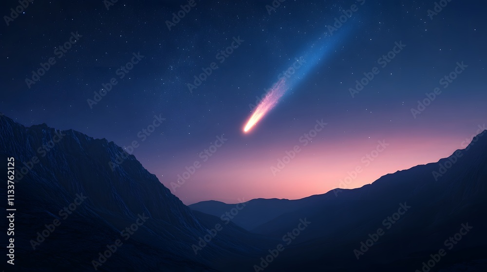 Comet streaks across a starlit sky above mountain ranges Comet streaks across a starlit sky above mountain ranges