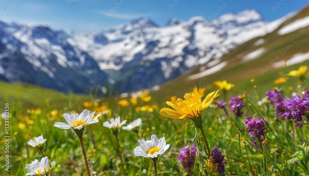 Obraz premium Blooming Wildflowers in Alpine Meadow with Snow-Capped Mountains in the Distance