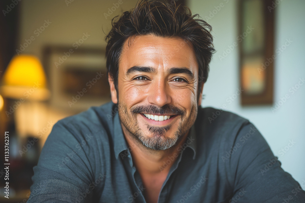 Young latin man smiling in front of camera against blurred home interior background Young latin man smiling in front of camera against blurred home interior background