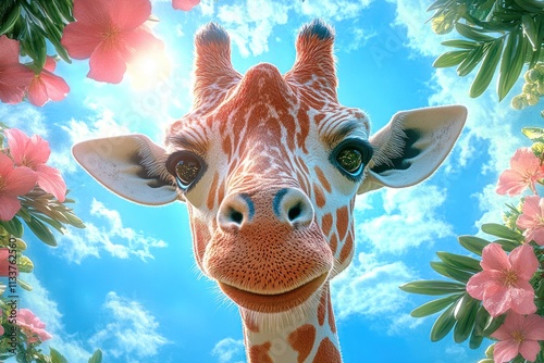 Whimsical Giraffe in the Wild: Cartoon Wildlife Animal Illustration photo