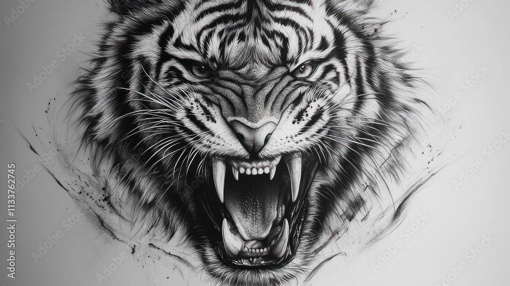 Monochrome close-up of a roaring tiger's head, showing sharp teeth and intense expression.