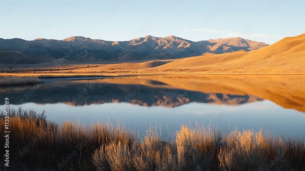 Golden Sunset Reflects On Calm Mountain Lake Golden Sunset Reflects On Calm Mountain Lake