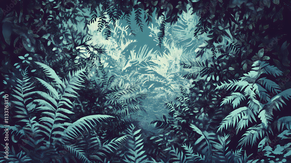 Fototapeta premium A dense thicket of brambles and ferns surrounds a hidden clearing in a mystical forest landscape, wetleafs, forestland. Thicket. Illustration