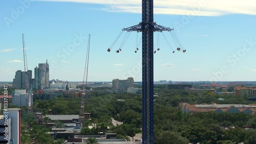 Amusement park in Orlando, Florida with Orlando Starflyer at International Drive and Eye Ferris wheel at Icon Park. USA tourist attraction. photo