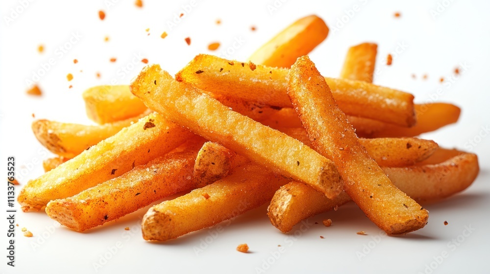A pile of golden, crispy French fries sprinkled with seasoning. A pile of golden, crispy French fries sprinkled with seasoning.