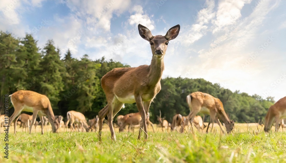 Gentle Herd of Deer Grazing in Open Meadow with Distant Forest Backdrop Gentle Herd of Deer Grazing in Open Meadow with Distant Forest Backdrop