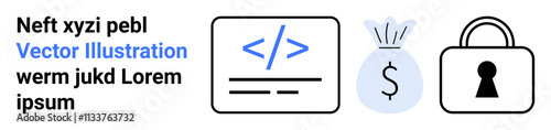 Code symbol, money bag, and padlock next to sample text. Ideal for web development, finance, cybersecurity, business presentations, online payment data protection startup websites. Landing page