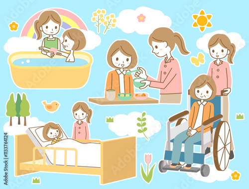 高齢者の介護や世話をする女性の介護士をイメージしたイラストのセット　白フチつくバージョン