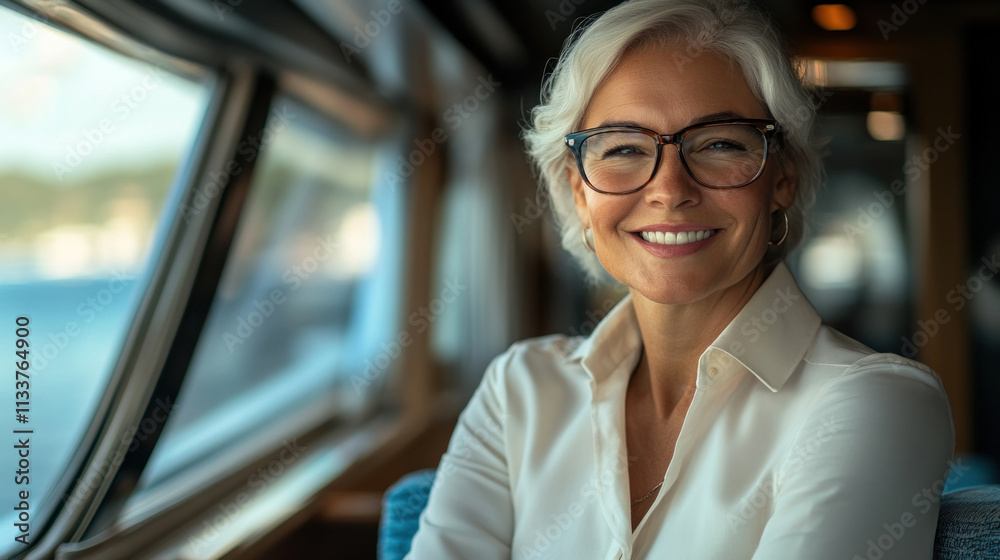 Happy old businesswoman in a luxury yacht Happy old businesswoman in a luxury yacht