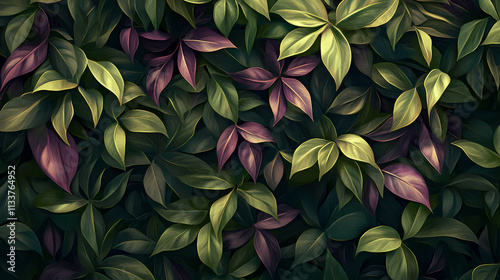 A dense thicket of green and purple leaves fills the frame, creating a lush, natural backdrop. Thicket. Illustration