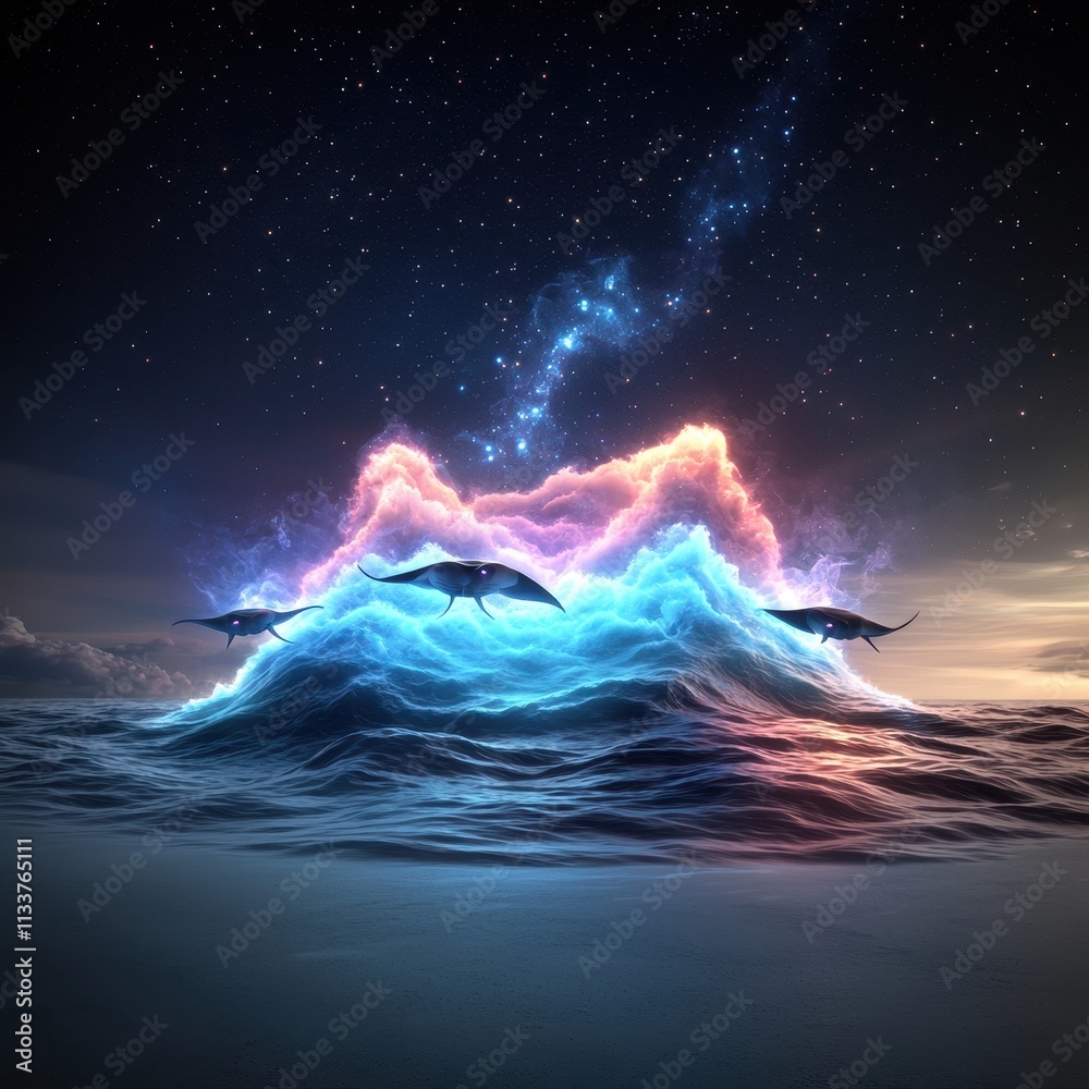 Ethereal Ocean Scene with Mythical Creatures and Cosmic Elements Ethereal Ocean Scene with Mythical Creatures and Cosmic Elements