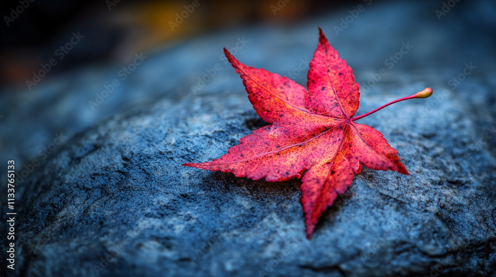Vibrant red maple leaf resting on a textured stone surface in autumn setting Vibrant red maple leaf resting on a textured stone surface in autumn setting