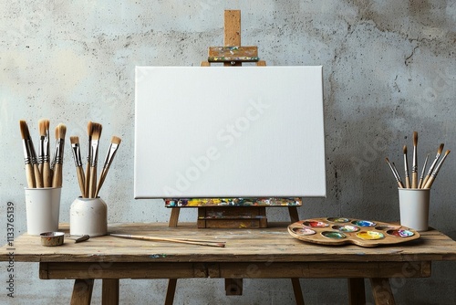 Portable desk easel for painting with canvas blank, brushes and artist's palette on wooden table front concrete wall background photo