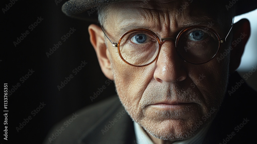 Close-up portrait, elderly man, serious expression, round glasses. Close-up portrait, elderly man, serious expression, round glasses.