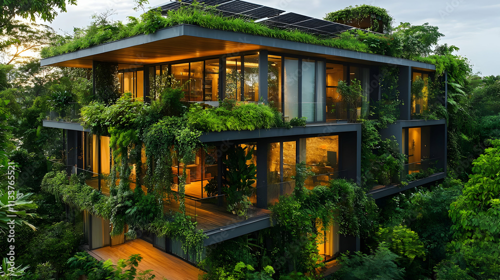 A modern house enveloped in greenery, showcasing sustainable architecture and nature integration. A modern house enveloped in greenery, showcasing sustainable architecture and nature integration.