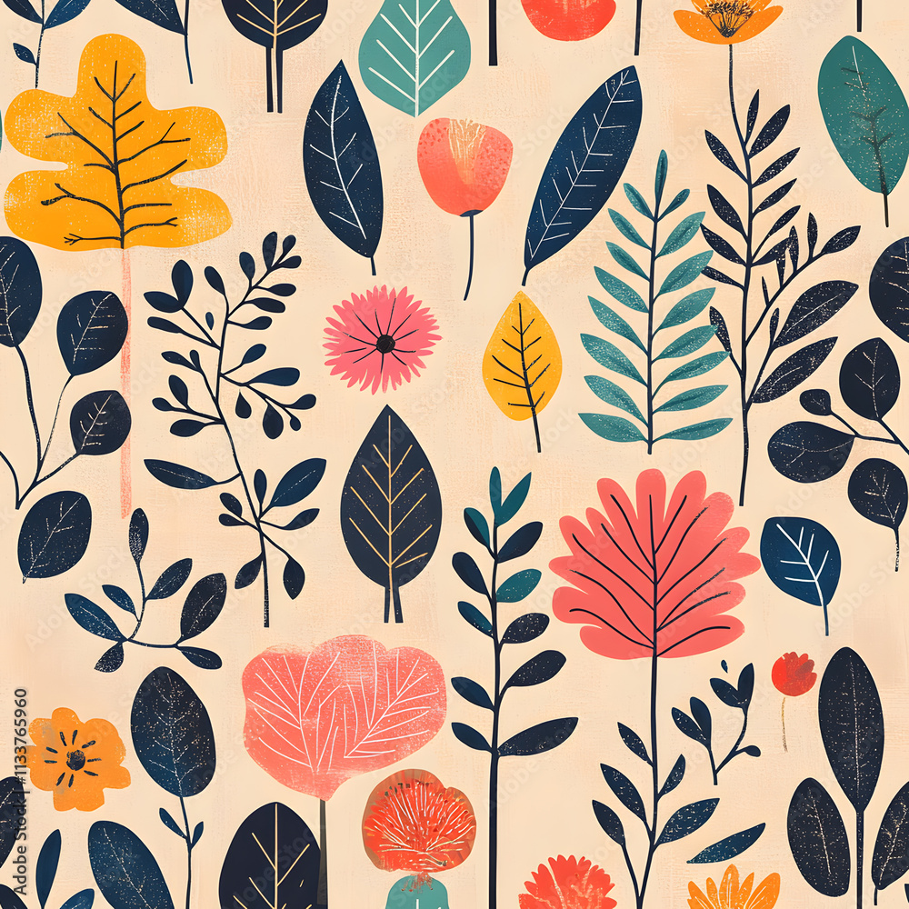 Fototapeta premium floral flower and leaf elements modern doodle illustrator seamless pattern for wallpaper or background