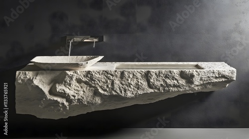 Sophisticated minimalist bathroom with stone textures, glass panels, and wall-mounted sink,