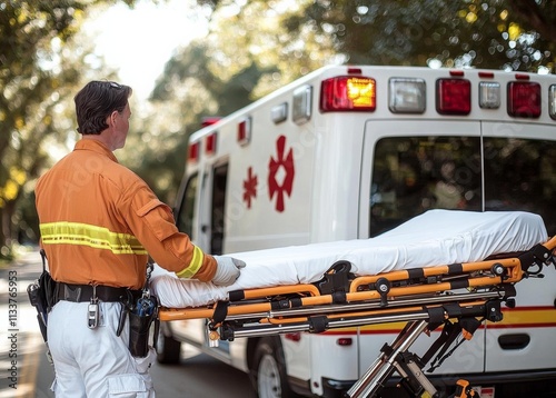 paramedic taking a stretcher out of the ambulance , isolated on white background,  , copy space, copy space for text, photo