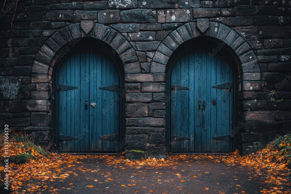 Two Antique Blue Doors in Stone Archway with Autumn Leaves Two Antique Blue Doors in Stone Archway with Autumn Leaves