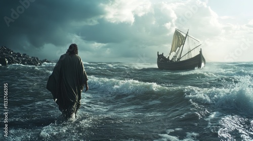 Jesus walks on water across the sea towards a boat during a storm. photo