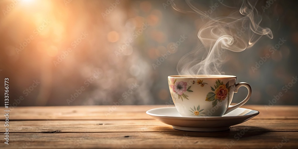 Aromatic Steam Rising from a Floral Teacup on Wooden Table Aromatic Steam Rising from a Floral Teacup on Wooden Table