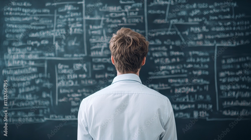 A person in a white shirt observes complex calculations on a blackboard, representing science, analysis, and introspection. A person in a white shirt observes complex calculations on a blackboard, representing science, analysis, and introspection.