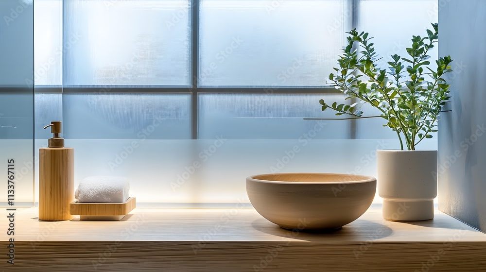 Serene minimalist bathroom with Japanese-style decor, wooden sink, and frosted glass dividers, Serene minimalist bathroom with Japanese-style decor, wooden sink, and frosted glass dividers,