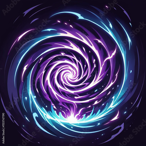 A digital illustration of a swirling purple and blue neon vortex on a black background. The vortex has a glowing white center and is surrounded by glowing blue and purple lines.