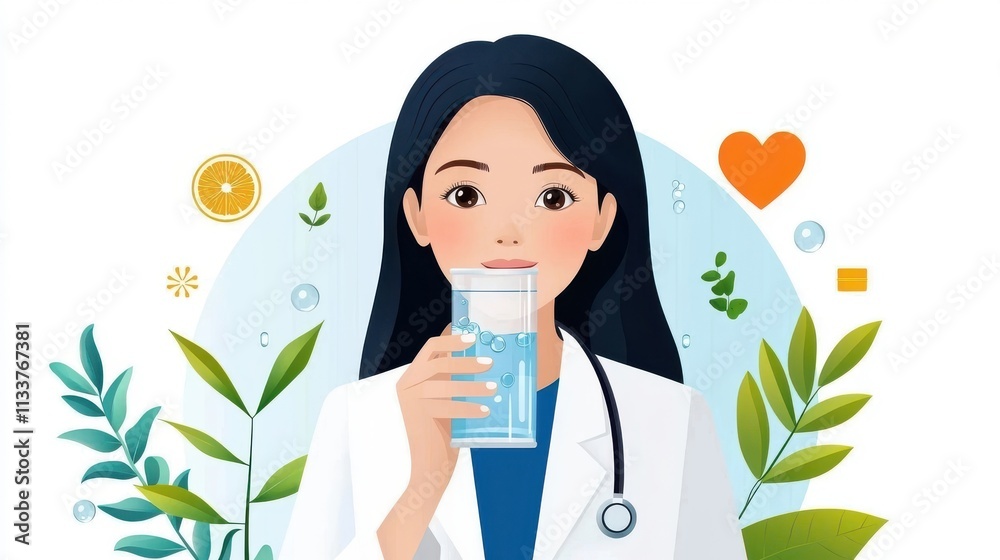 Friendly and cheerful smiling young female doctor or nurse character in medical uniform holding a stethoscope standing in a nature themed digital environment with green leaves and plants Friendly and cheerful smiling young female doctor or nurse character in medical uniform holding a stethoscope standing in a nature themed digital environment with green leaves and plants