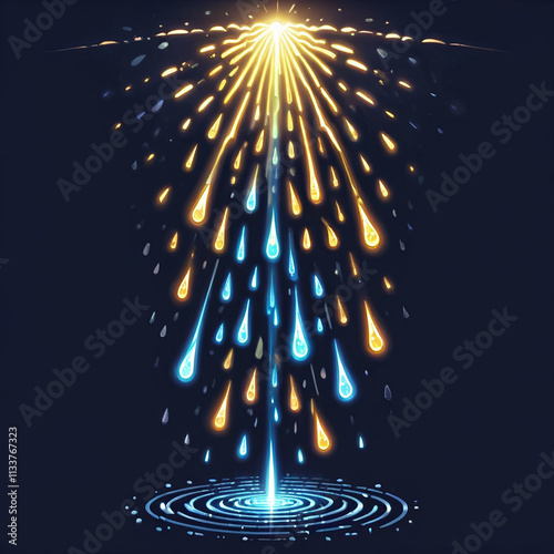 A bright light source in the dark sky radiates downward, creating a shower of glowing blue and yellow teardrop shapes that land in a circular pool of light.